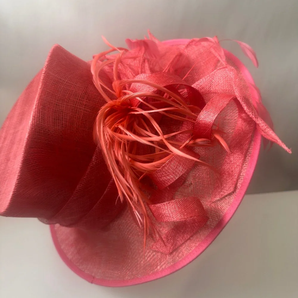 Emma B Design Balfour Hats England Coral Pink Sinamay Feather Fascinator Hat